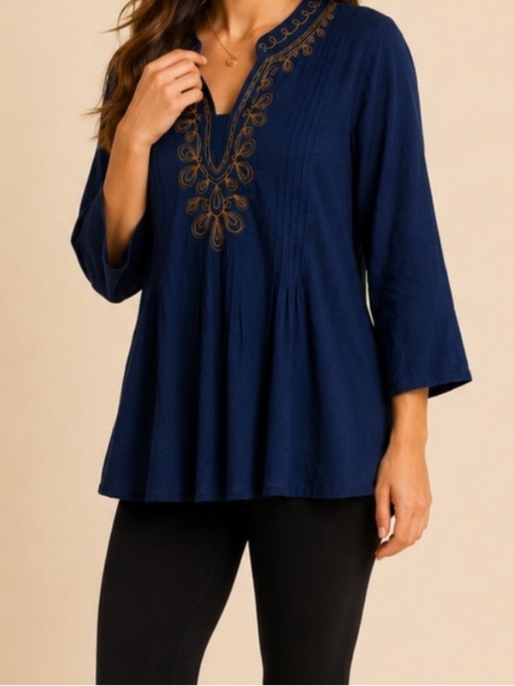 Lilly Pulitzer Navy Blue Gold Embroidered Boho Tunic Top Size M